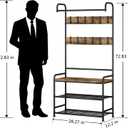 LINZINAR Coat Rack Shoe Bench 3-in-1 Hall Tree with Bench and Shoe Storage for Entryway Heavy Duty MDF Stand Coat Rack Industrial Accent Furniture with Metal Frame, Black (Rustic Black), Onesize