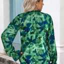 MASCOMODA Womens V Neck Floral Long Sleeve Tops 2025 Summer Casual Loose Puff Sleeve Chiffon Boho Work Blouse Dressy T Shirts (Green, L)