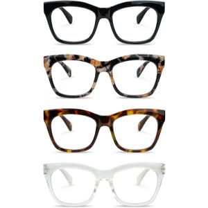 Reading Glasses for Women 3 Pack Oprah Stylish Cat Eye Oversize Readers Blue Light Blocking with Spring Hinge (4 Colors Mix)