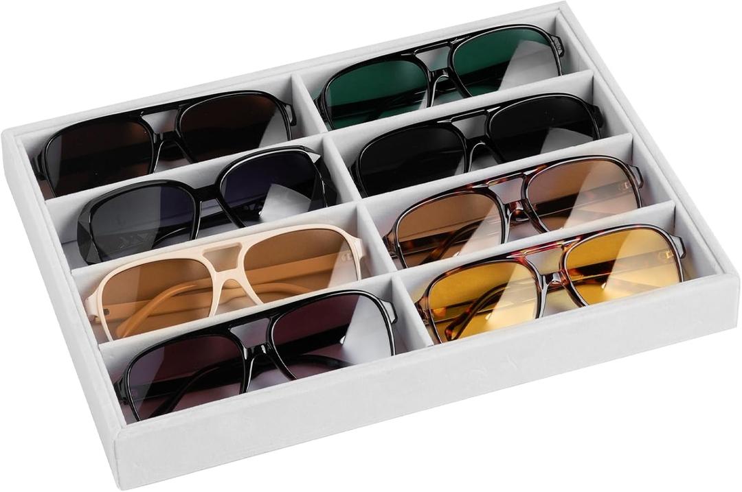 Frebeauty Sunglass Organizer,Velvet Glasses Organizer,8-Slot Sunglasses Tray for Drawer, Men's/Women's Sunglasses Box, Glasses Holder for Watch Stackable Eyeglass/Eyewear Display Tray (White)