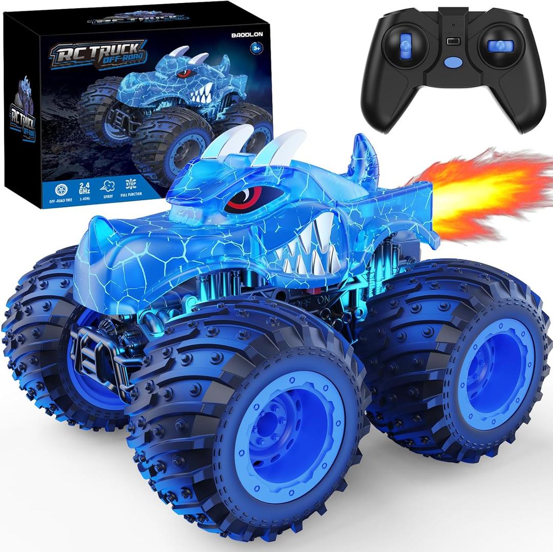 BAODLON Remote Control Monster Car, 2.4GHz RC Monster Trucks Toys for 3 4 5 6 7 8 Years Old Boys Kids, All Terrain RC Truck Off Road with Spray, Light, Rechargeable Battery, Christmas Birthday Gifts