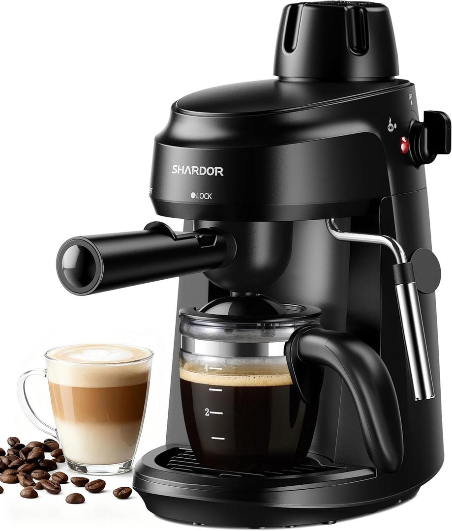 SHARDOR 3.5 Bar Espresso Machine  4-Cup Compact Espresso Maker with Milk Frother, 800 W Preheating Cappuccino Machine for Home, Black