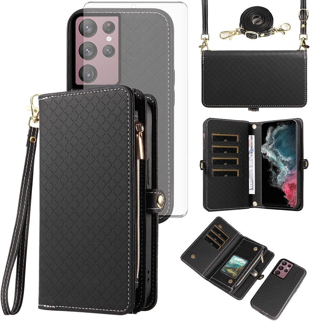 Asuwish Phone Case for Samsung Galaxy S22 Ultra 5G Zipper Wallet Detachable Cell Cover with Tempered Glass Screen Protector Lanyard Strap Flip Card Holder S22ultra 22S S 22 S22ultra5g 6.8 Women Black