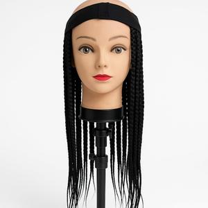 Synthetic Box Braided Headband with Adjustable Strap, Instant Box Braid Wig Cap for Women lightweight Synthetic Braided Wig with Headband (Black braids)