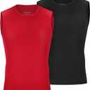 Youth Boys Sleeveless Compression Shirt Basketball Football Undershirt Quick Dry Kids Athletic Tank Tops for Workout (X-Large, 2 Pack: Black+Red)