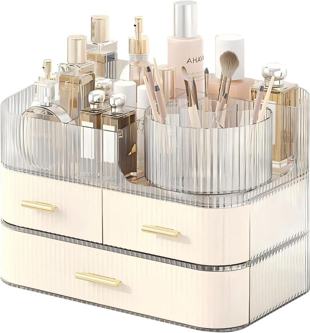 DASITON Makeup Organizer with Drawers and Rotating Makeup Brush Holder,Large Capacity Stackable Cosmetic Organizer Countertop,Bathroom Organizers and Storage,Make up Organizers for Vanity (Cream)