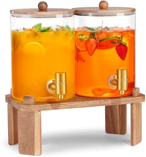2 PCS 1 Gallon Drink dispenser, Glass Beverage Dispenser With Wood Stand, Large Water Drink Dispensers for Parties With Stainless Steel Spigot, Ideal for Lemonade,Juice, Tea, and Party Drinks