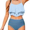 Girls Swimsuit Bikini Set 2 Piece Bathing Suit Tiered Ruffled Contrast Trim Adjustable Straps Girls Swimwear 9-16Y (13-14 Years, Blue)