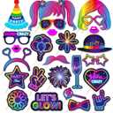 25pcs Glow Neon Photo Booth Props with Stick, Photo Props for Birthday Let's Glow Themed Neon Glow in The Dark Disco Black Light Party Decoration Supplies