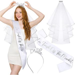 3 Pcs Bachelorette Party Decorations Fresh off the Market Sash Silver Bridal Crown with White Veil for Women Bachelorette Party Bridal Shower Supplies Gifts Wedding Accessories