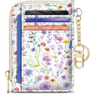 GIANCOMICS Slim Wallet Credit Card Holder Women, Purple Flower Rfid Blocking Small Card Case, Keychain Thin Pocket Curved Zipper Wallet, Travel Card Holder PU Leather ID Window, Ladies Female Gifts