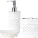 3-Piece Ceramic Bathroom Accessories Set - Soap Dispenser, Toothbrush Holder & Soap Dish with Modern Wave Embossed Design for Bathroom Accessory Set (White)