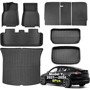 SUPER LINER Tesla Model Y Floor Mats 2021-2024 | Custom Fit All-Weather 9-Piece Set TPE Material |Full Coverage Floor Mats Back Seat Protector, Cargo Liner, Trunk & Interior Accessories