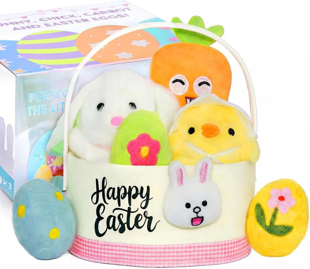 Wangchao Craft My First Easter Basket for Baby with Prefilled Plush Bunny Chick Carrot Eggs 7 Pcs Stuffed Easter Basket for Girl Boys Infant Kids Easter Party Supplies Favor Set (Yellow Pink)