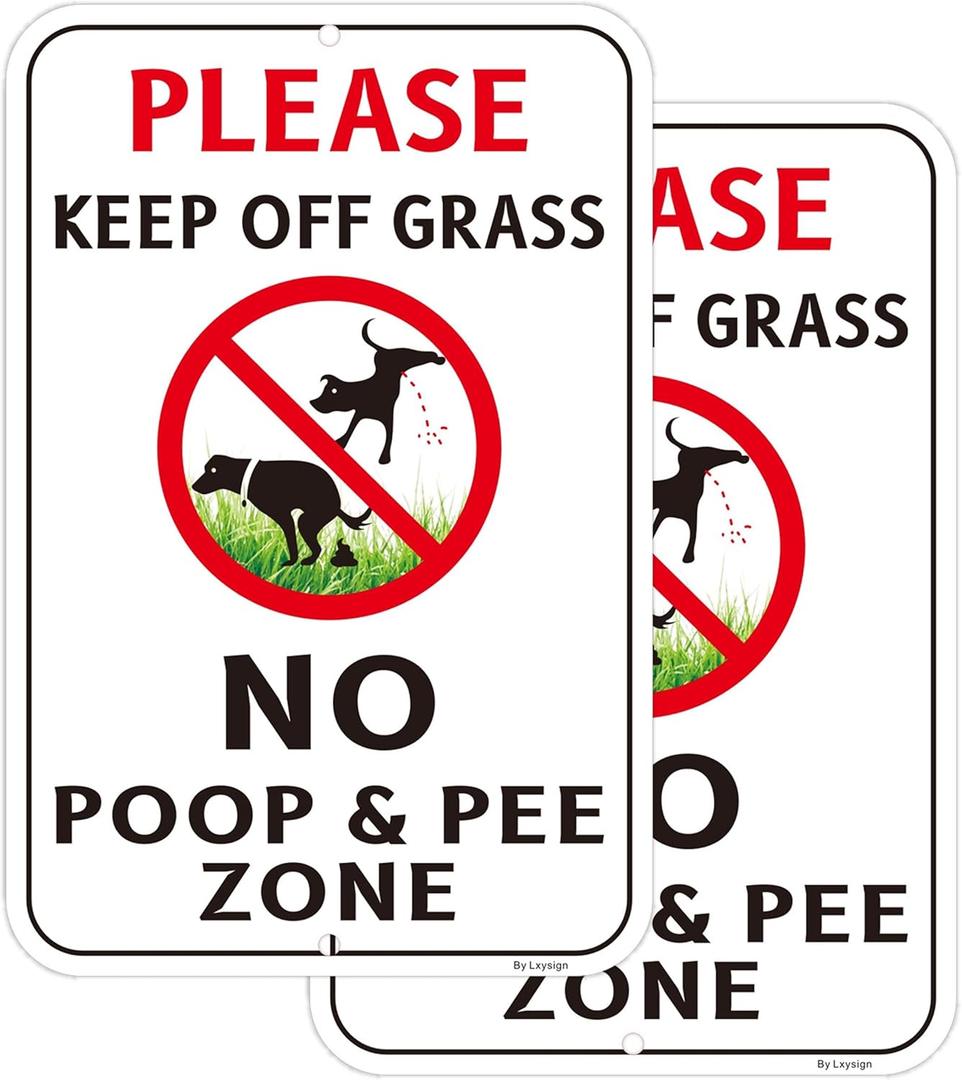 Keep Off Grass No Pet Waste Zone Sign, Aluminum Metal, Black and Red, 18x12 Inch, UV Protected, Outdoor, 2 Pack