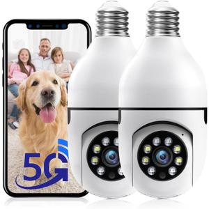 Light Bulb Security Camera Outdoor, 5G& 2.4GHz WiFi Security Cameras Wireless for Home Security, Motion Detection, Color Night Vision, Siren Alarm, Bulb Camera Compatible with Alexa(2 Pack)