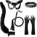 Black Cat Woman Mask Costume Accessories Masquerade Mask Set Halloween Cosplay Outfits for Women with Choker Gloves 5Pcs