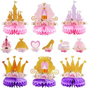 12 PCS Princess Party Honeycomb Centerpieces Decorations, Pink and Gold Party Table Topper Centerpieces for Girls Birthday Christmas Party (Princess Set)