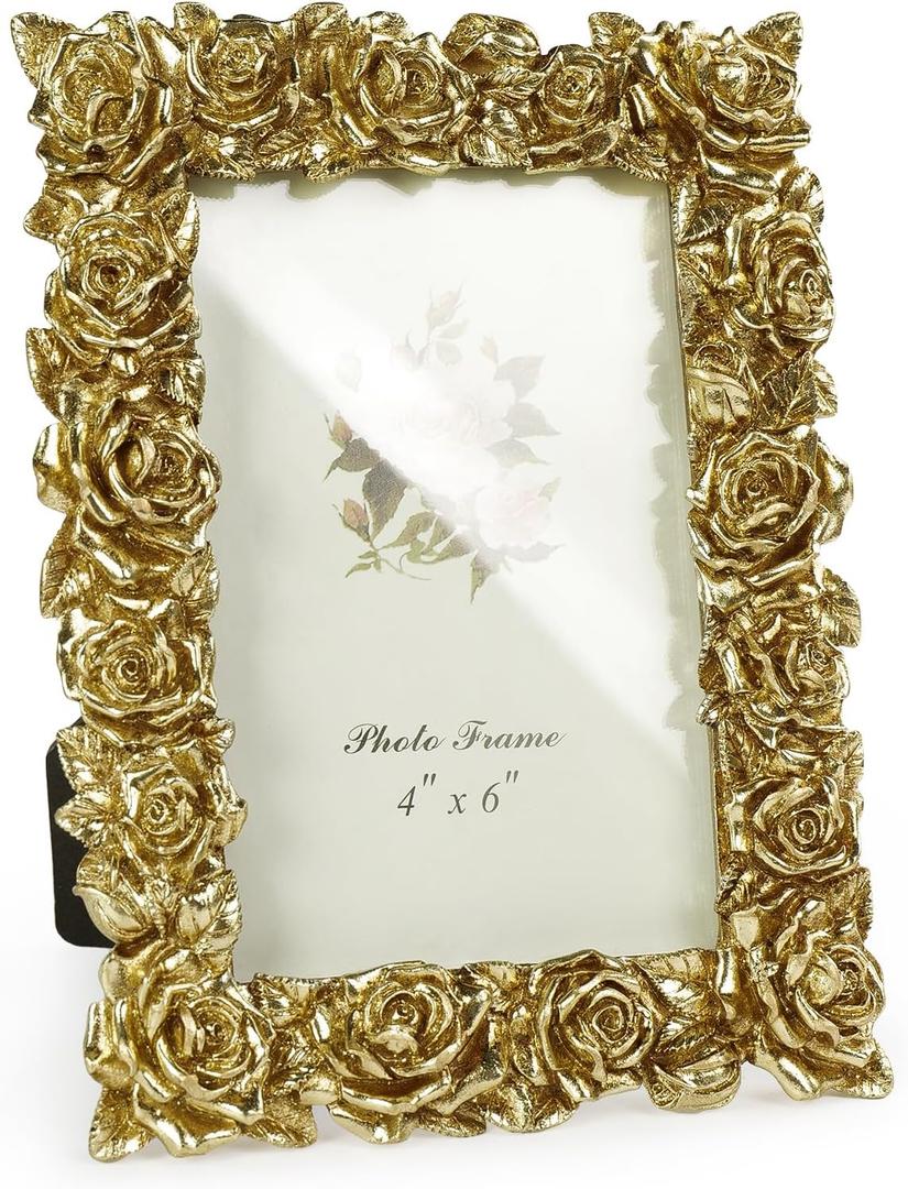 Cuspin 4x6 Picture Frame Vintage Gold Frames, Ornate Rose Flower Resin Photo Frame with Glass Front for Tabletop or Wall Hanging, Antique Picture Frames for Home Office Decor