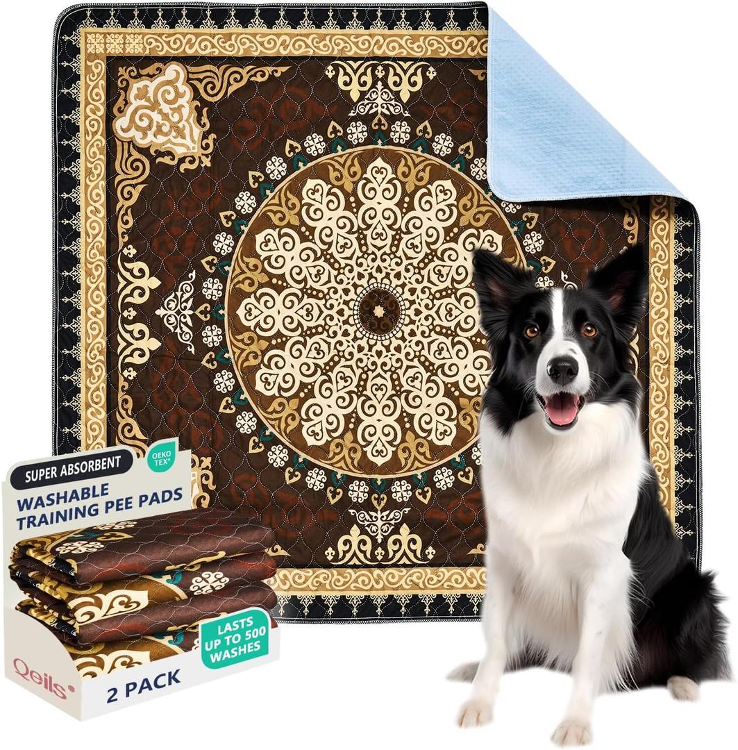 Qeils Washable Pee Pads, Reusable Puppy Pads Super Absorbent Leakproof Dog Training Pads, Non-Slip Wee Wee Pads for Crate, Floor, Potty Pads Feeding Mat Dog Pee 2 Pack 48"x48"