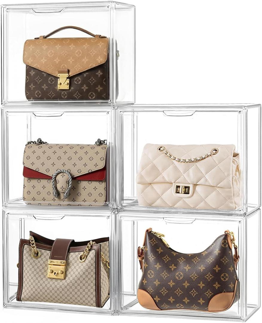 HBlife 5 Pack Purse Storage Organizer for Closet, Large Clear Stackable Handbag Display Case Box with Magnetic Door for Collectibles, Cosmetics, Women Heels and Toys