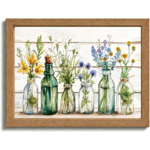 Framed Rustic Green Bathroom Wall Art Retro Green Flower Watercolor Bottles Canvas Painting Rustic Bathroom Picture Prints Farmhouse Country Floral Wall Decor for Bedroom Living Room Home Decoration, 24"L x 16"W