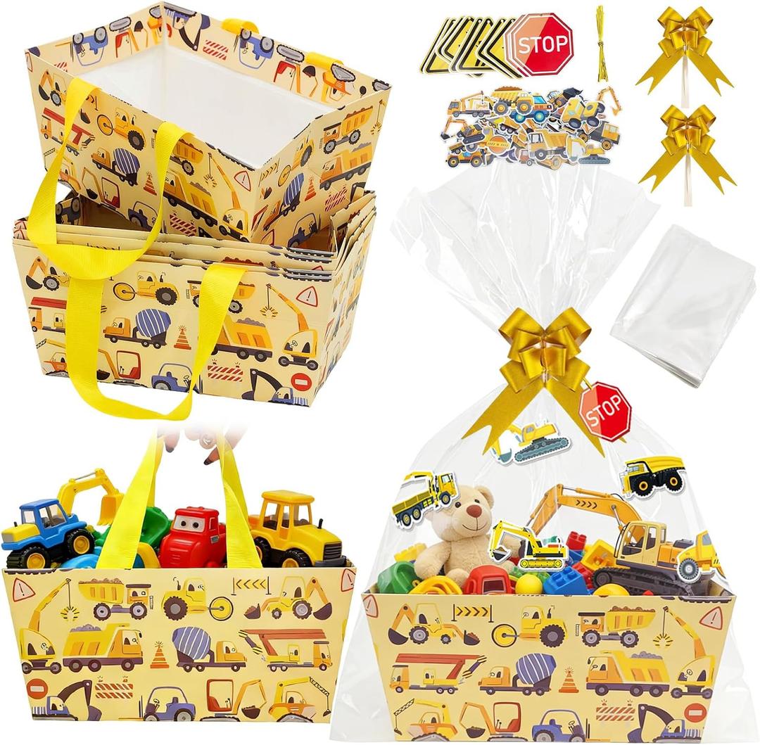 10 Pack Construction Birthday Party Supplies Basket for Gifts Empty,Construction Theme Sturdy Diy Bulk Gift Basket Kraft Market Tray Cardboard Basket Decorations Favors With Handles, Gift Baskets Kit Supplies Wrap To Fill For Birthdays Christmas Weddings Anniversaries