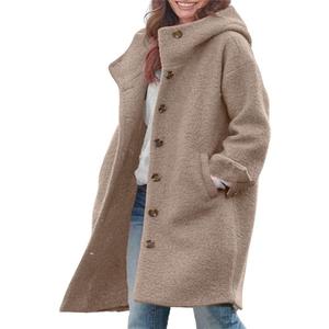 chouyatou Women's Winter Single Breasted Long Wool Coat with Hood Casual Wool Blend Trench Coat Jacket (Large, Khaki)
