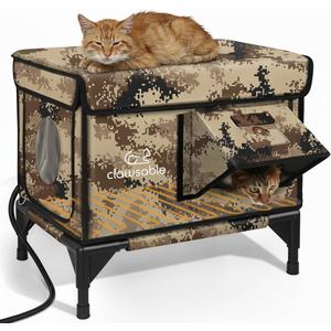 Indestructible Heated Cat House for Outside Winter, 100% Waterproof, Safe Escape Door, Insulated Outdoor Cat Shelter with Heater for Feral Barn Cat Kitty (Desert Camouflage, 13"x17"x18")