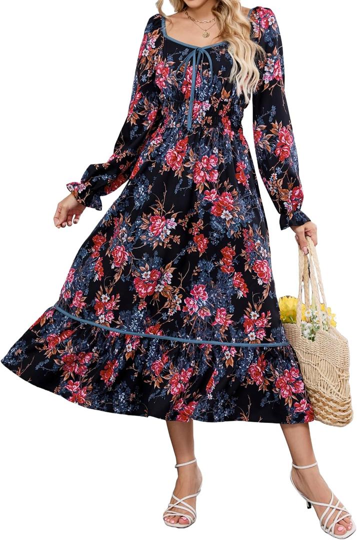 ZAFUL Women's 2025 Long Sleeve Square Neck Fall Boho Floral Midi Dress High Waist Flowy A Line Tiered Wedding Guest Dresses (Black)