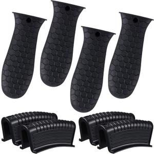 Patelai 8 Pcs Silicone Pot Holders Set Cast Iron Handle Cover Heat Resistant Pot Handle Covers Potholder Non Slip Reusable Pan Sleeve for Frying Pan Kitchen Supplies(Black)