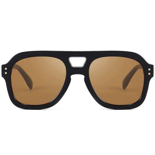 FEISEDY Vintage Aviator Sunglasses Double Bridge Women Men Large Square Thick Frame Trendy Eyewear UV400 B2846 (Black Frame & Tea Lens)