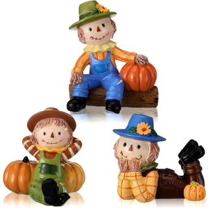 ShinyRelief 3 Pcs 3D Thanksgiving Scarecrows Table Decor Figurines with Pumpkin Fall Table Centerpiece Decor Autumn Harvest Resin Statue Gifts for Kitchen Home Office Tiered Tray Shelf Party Supplies