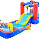 WELLFUNTIME Inflatable Bounce House with Water Sprayers, Water Slides Park with Blower, Dartboard, Basketball Hoop, Deep Pool