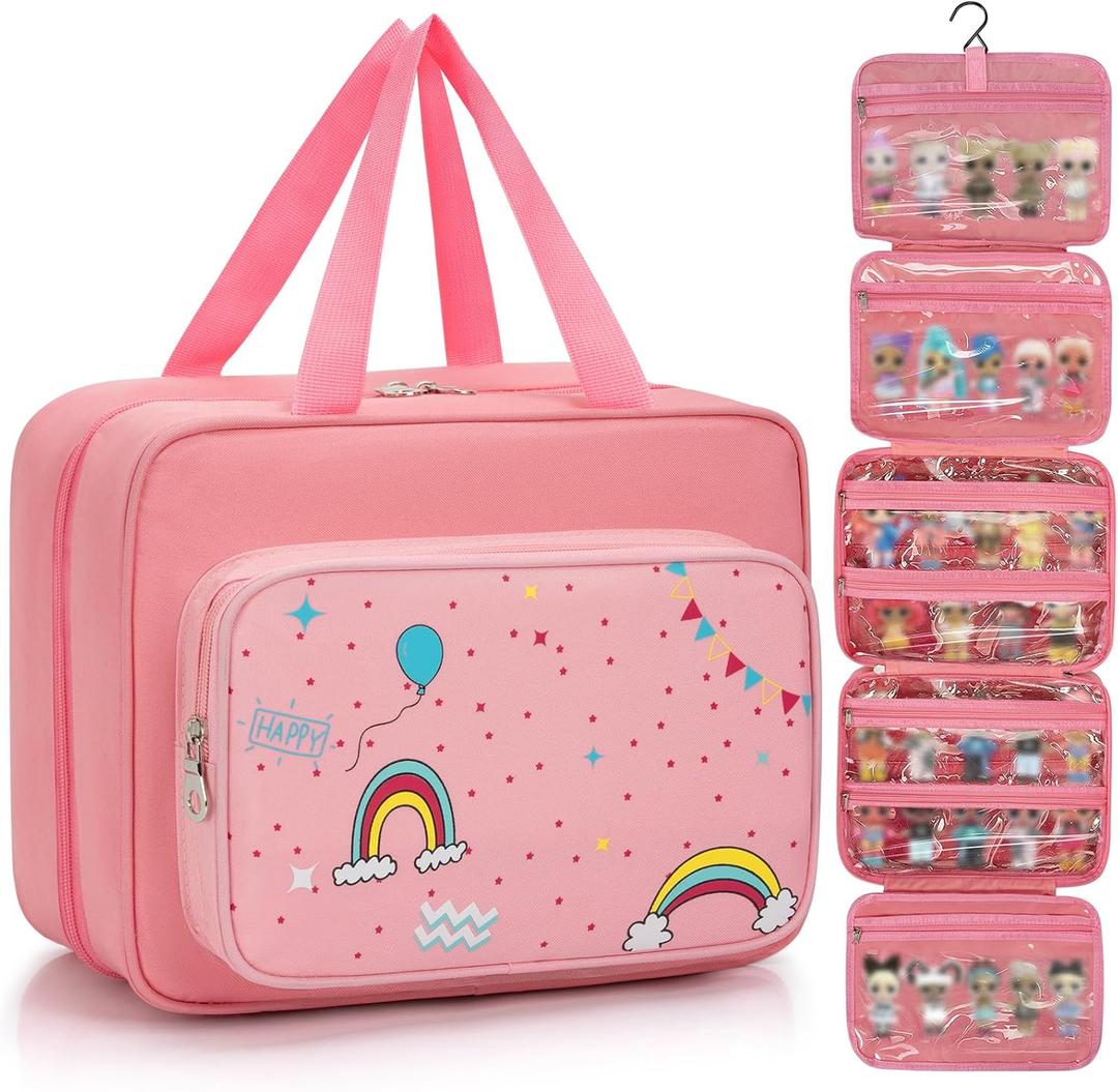 Doll Carrying Case Compatible with LOL Surprise Dolls, Toy Hanging Organizer Storage Bag for Girls with a Hanging Hook and 7 Clear Zipper Pockets, Bag Only (11.4"x9"x5" (7 Pockets))
