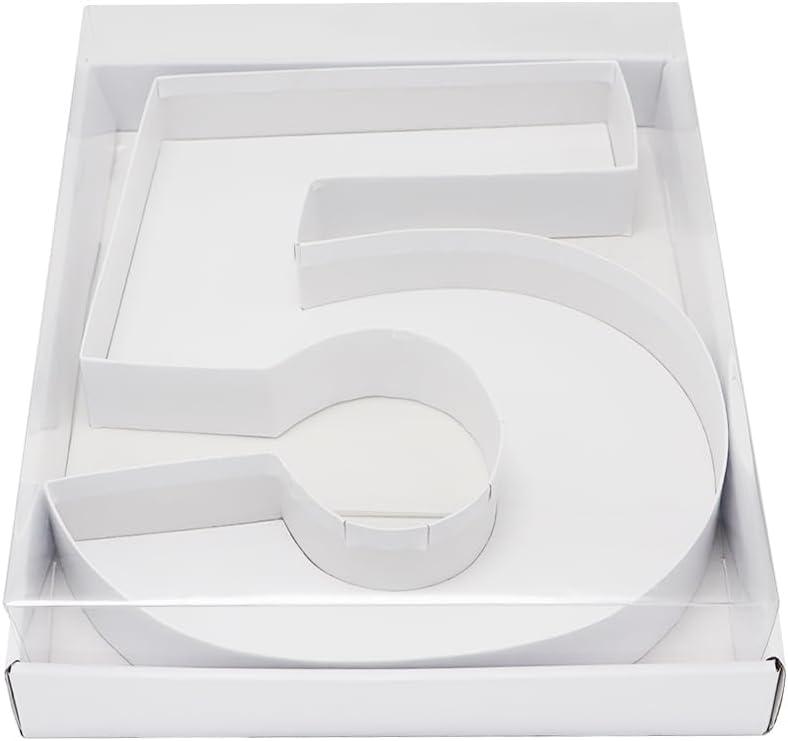 WENPACK 12.5" Cardboard Number Shaped Mache Decorative Charcuterie Board Fillable Sweets Candy Box with Clear Lid (White, 5)
