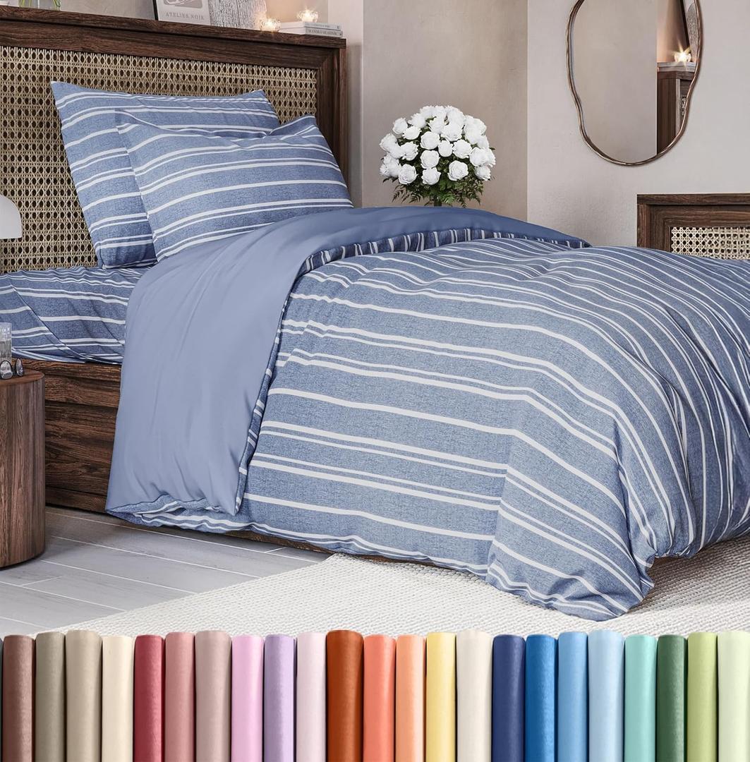 Duvet Cover Twin/Twin XL Size Set - Extra Soft Twin/Twin XL Duvet Cover 68" x 90" with 1 Pillow Sham - Hotel Luxury, Easy Care, Fade Free w/ Zipper Closures & Ties - Comfy & Breathable (Blue Stripes)