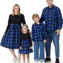 PATPAT Family Matching Outfits Mommy and Me Dresses Matching Set Long Sleeve Plaid Midi Dress and Casual Button Down Shirts (XL)
