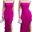 Capuffy Womens Tube Strapless Maxi Dress Irregular Ruffles Hem Cocktail Dress Off Shoulder Tassel High Slit Evening Gown 312 (Rose Red) XS