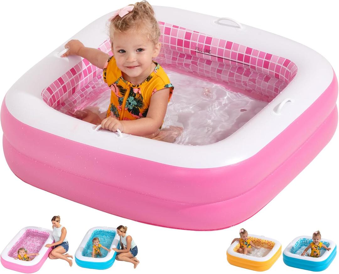 3-in-1 Inflatable Baby Pool, Bathtub & Ball Pit for Toddlers 1-3, Patented Safety Secure Grip Handles, Soft Floor & Drain - Summer Water Toys, First Birthday Gifts, Kiddie Pool for Ages 1 2 3, 34"x10" (34" Square Playful Pink)