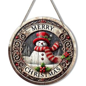 Christmas Wreath Wooden Merry Christmas Snowman Front Door Sign Xmas Holiday Outside Porch Decor with Retro Snow Scenery Design Winter Farmhouse Rustic Wooden Wreath Indoor Wall Hanging Decoration (Christmas Styl 13)