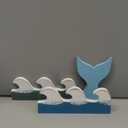 Qunclay 3 Pcs Summer Wooden Waves Table Decor Summer Ocean Sign Blue Beach Centerpieces Coastal Wooden Waves Tiered Tray Decor Vintage Home Centerpieces for Home Beach Office Bedroom
