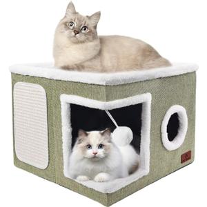 Cat Beds for Indoor Cats, Large Cat Cave Bed with Scratch Pad and Fluffy Ball, Foldable Cat Hideaway, Cat House with Reversible Cushion for Multi Small Pet Up to 30LBS, Green