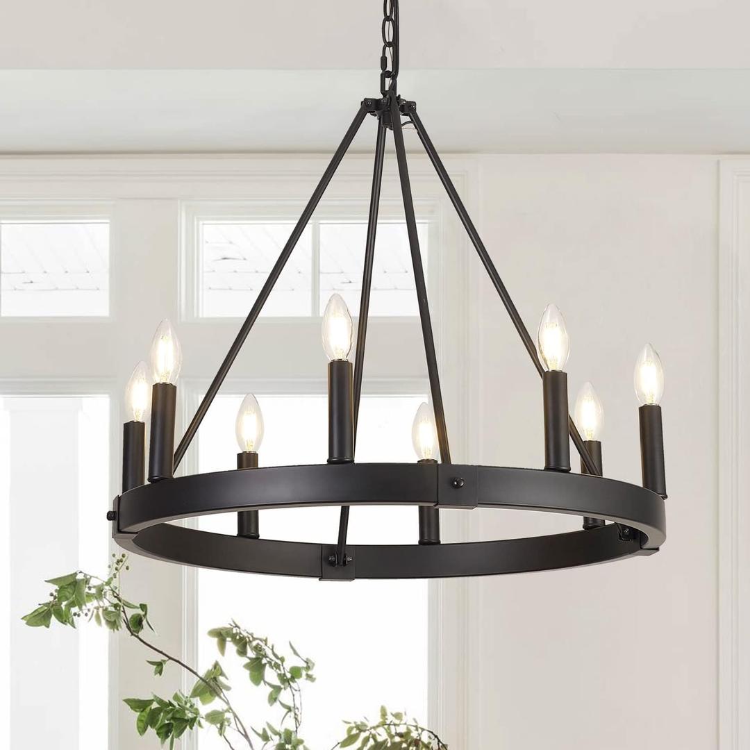 8 Lights Farmhouse Wagon Wheel Chandelier, D24" Black Round Chandeliers for Dining Room, Modern Industrial Kitchen Island Pendant Light Fixtures for Foyer Living Room Entryway Bedroom, E12 Socket, Medium