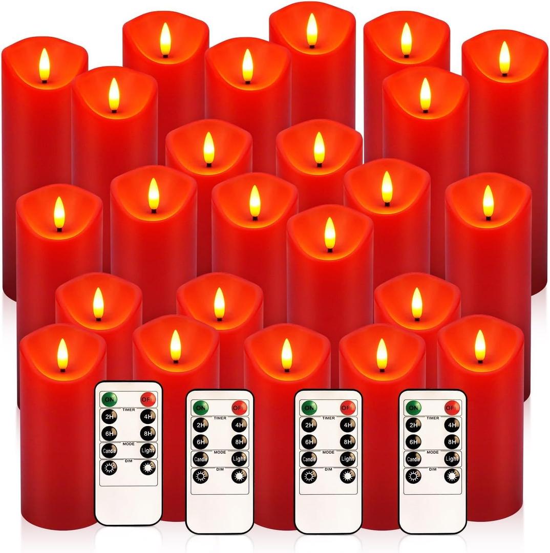 24 Pack Christmas Decoration Flickering Flameless Candles,LED Candles Battery Operated Pillar Candles with Remote Control.for New Year, Home Decor, Parties,Wedding (D2.2 xH 5" 6" 7" Red)