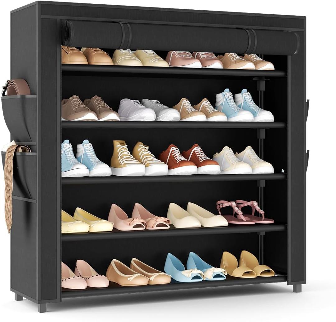 LANTEFUL Shoe Rack with Covers 5 Tier Tall Shoe Rack Organizer Large Capacity Shoe Shelf Storage 20-24 Pairs Space Saving Free Standing Shoe Storage Organizer for Closet, Entryway, Dorm, Black (6 Tier - 33.8"W)