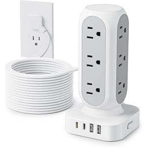 Flat Plug Power Strip Tower 15FT, 40W Total Fast Charging Station, Dual PD 20W USB-C Surge Protector with 12 AC Outlets and 8 USB Ports (4 USB C), Long Extension Cord for Home Office Dorm Room