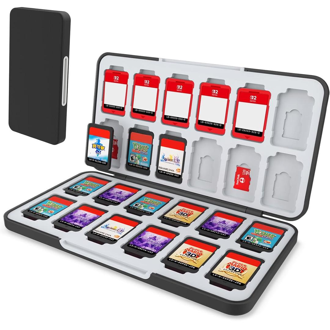 HEIYING Switch Game Card Case for Switch 2 & OLED & Lite,Portable Black Memory Storage Holder with 24 Game Card Slots and 24 Micro SD Cards Slots For Easy Carrying