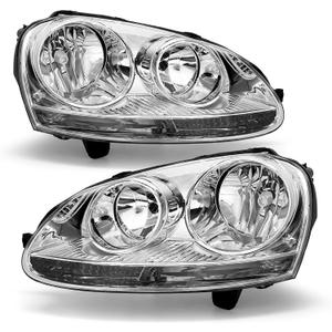 Headlights Assembly Compatible With 2005-2010 Jetta Type 5 Sedan 06-09 Golf/Rabbit Chrome Housing Clear Reflector OEM Halogen only