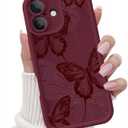 iPhone 16 Case, Creative Butterfly Pattern Design for Girl Women, Soft Silicone Shockproof Anti-Scratch Protection Phone Cover for iPhone 16 (Burgundy Red Butterfly)